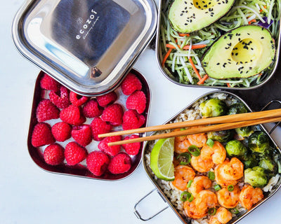 Honey Shrimp Bowl with Brussel Sprouts, Coleslaw Salad with Avocado, & Raspberries