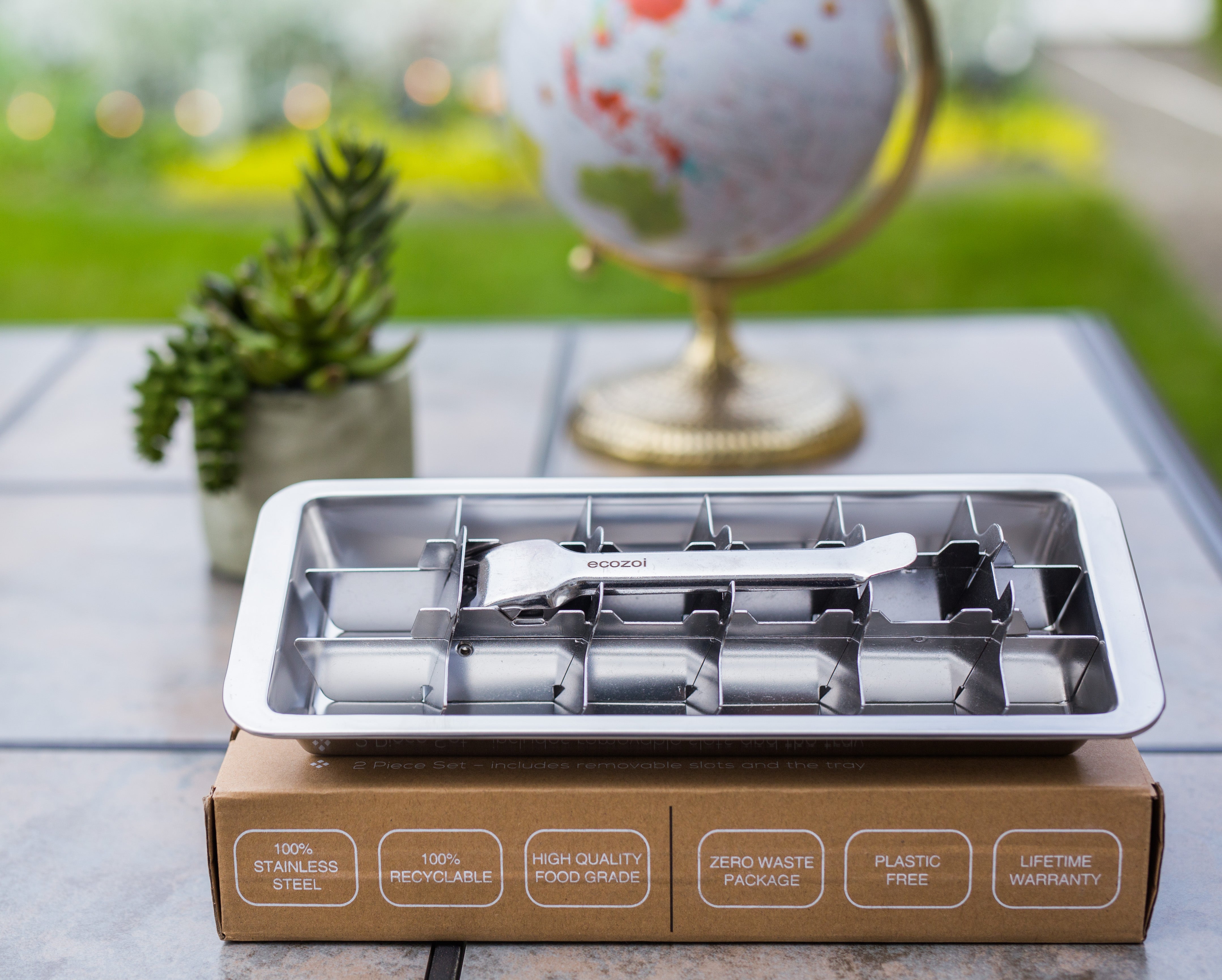 This Stainless Steel Ice Cube Tray with a lever handle is a durable non  plastic product. Just fill, freeze, and pull the lever to cleanly cut your  ice cubes.