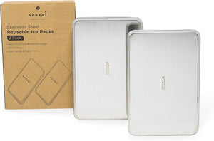 Ecozoi - 2 slim stainless-steel ice packs for lunch boxes, reusable, leak-proof, eco cooling pair, food-safe gel