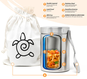 Ecozoi - Eco-friendly, Vacuum-insulated 17 oz stainless steel food jar with leak-proof lid, spork & canvas lunch bag