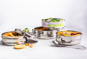 Ecozoi - Eco-friendly, stackable, 4 Tier round stainless steel leak-proof lunch box, 60 oz, red silicone seals, steel spork.