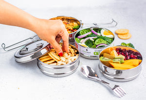 Ecozoi - Eco-friendly, stackable, 4 Tier round stainless steel leak-proof lunch box, 60 oz, red silicone seals, steel spork.