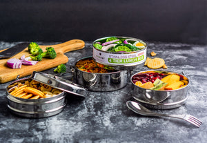 Ecozoi - Eco-friendly, stackable, 4 Tier round stainless steel leak-proof lunch box, 60 oz, red silicone seals, steel spork.