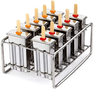 Ecozoi - Eco-friendly, 10 Square Stainless Steel Popsicle Molds, 10 Reusable Bamboo sticks, 10 silicone gaskets, BPA-free