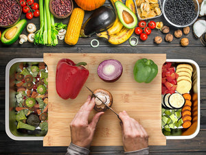 Ecozoi - eco-friendly, large 100% bamboo cutting board with 2 sliding stainless steel organizing trays, water-resistant