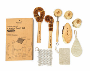 Ecozoi - Eco-friendly, 9-piece 100% plant-based dish brush set, Bamboo Wood, Sisal Plant Fibers, Coconut Coir, Cotton Twine