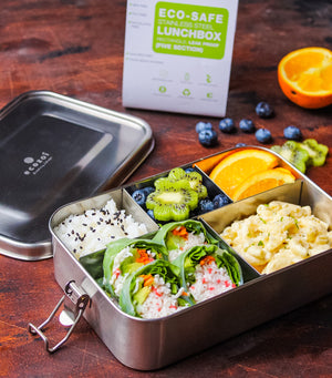 Ecozoi - Eco-friendly, 5-compartment stainless steel leak-proof lunch box, red silicone seal, 50 oz, dishwasher safe.