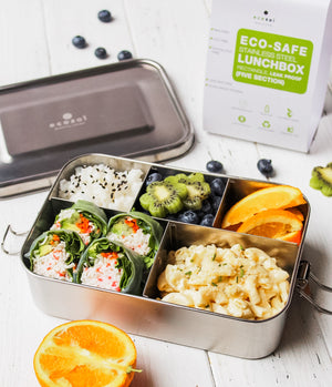 Ecozoi - Eco-friendly, 5-compartment stainless steel leak-proof lunch box, red silicone seal, 50 oz, dishwasher safe.
