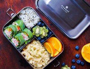 Ecozoi - Eco-friendly, 5-compartment stainless steel leak-proof lunch box, red silicone seal, 50 oz, dishwasher safe.