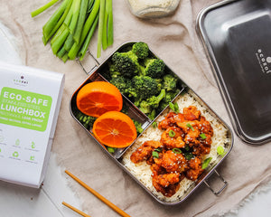 Ecozoi - Eco-friendly, long 3-compartment stainless steel leak-proof lunch box, red silicone seal, 50 oz, dishwasher safe.