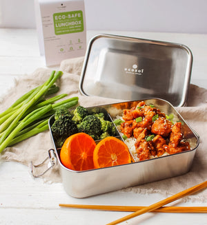 Ecozoi - Eco-friendly, long 3-compartment stainless steel leak-proof lunch box, red silicone seal, 50 oz, dishwasher safe.