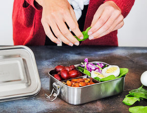 Ecozoi - Eco-friendly, 3-compartment stainless steel leak-proof lunch box, red silicone seal, 24 oz, dishwasher safe.