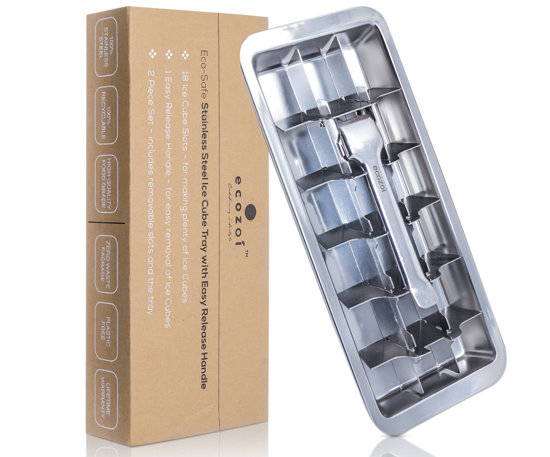 This Stainless Steel Ice Cube Tray with a lever handle is a