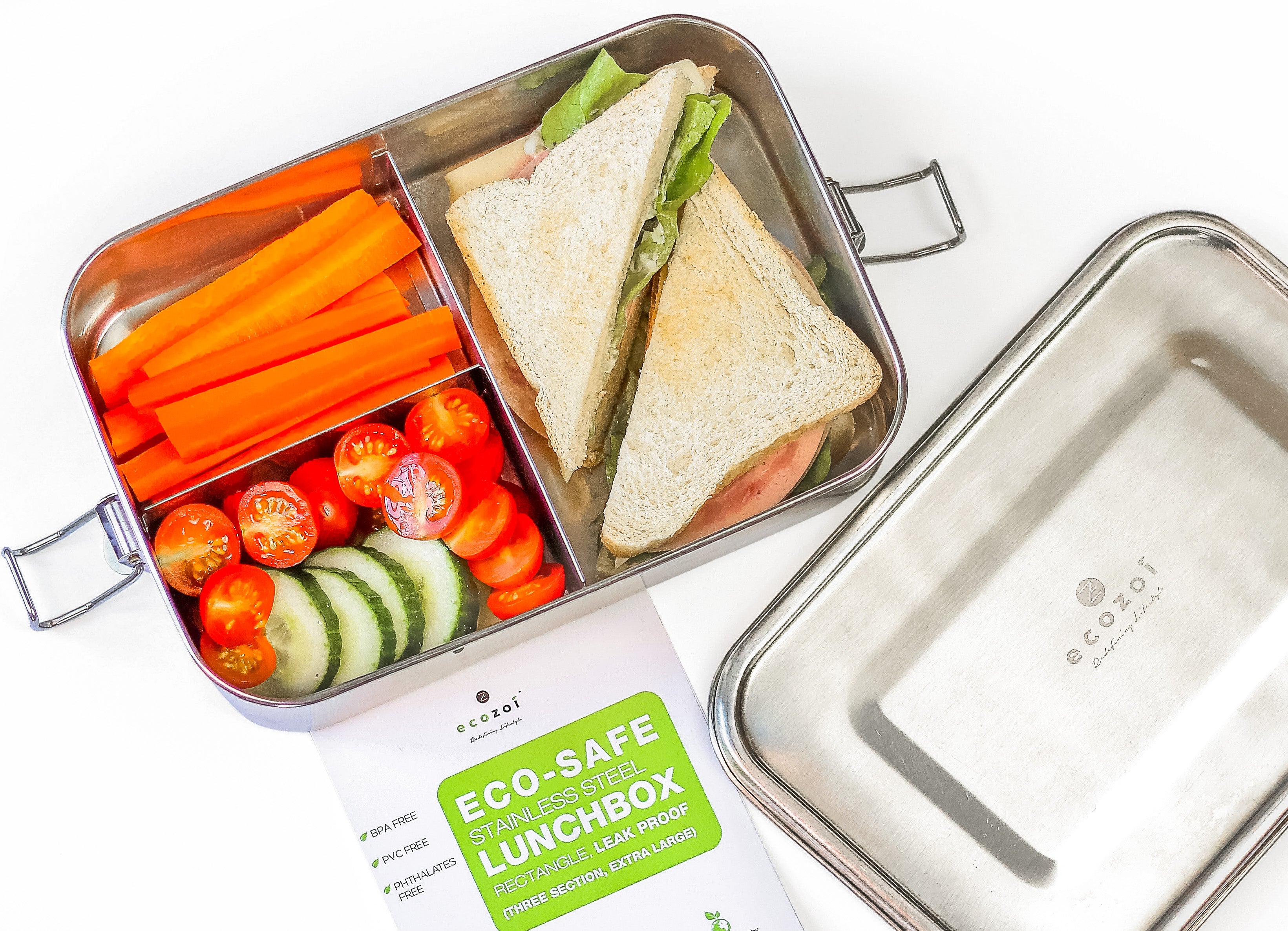 Ecozoi Leak Proof Extra Long Steel 3 Compartment Eco Lunch Box , silver