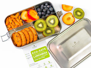 Ecozoi - Eco-friendly, 5-compartment stainless steel leak-proof lunch box, red silicone seal, 50 oz, dishwasher safe.