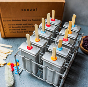 Ecozoi - Eco-friendly, 10 Square Stainless Steel Popsicle Molds, 10 Reusable Bamboo sticks, 10 silicone gaskets, BPA-free