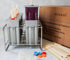 Ecozoi - Eco-friendly, 10 Square Stainless Steel Popsicle Molds, 10 Reusable Bamboo sticks, 10 silicone gaskets, BPA-free