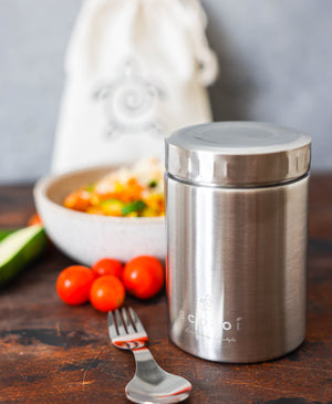 Ecozoi - Eco-friendly, Vacuum-insulated 17 oz stainless steel food jar with leak-proof lid, spork & canvas lunch bag