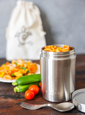 Ecozoi - Eco-friendly, Vacuum-insulated 17 oz stainless steel food jar with leak-proof lid, spork & canvas lunch bag