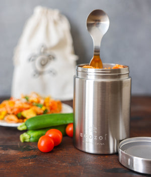 Ecozoi - Eco-friendly, Vacuum-insulated 17 oz stainless steel food jar with leak-proof lid, spork & canvas lunch bag