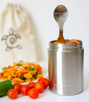Ecozoi - Eco-friendly, Vacuum-insulated 17 oz stainless steel food jar with leak-proof lid, spork & canvas lunch bag