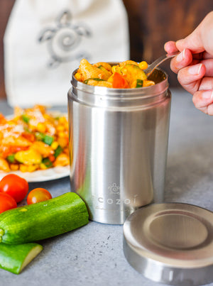 Ecozoi - Eco-friendly, Vacuum-insulated 17 oz stainless steel food jar with leak-proof lid, spork & canvas lunch bag