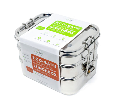 Stainless Steel Eco Lunch Box, Leak Proof, 3 Container Lunch Box with 1 Mini Sauce Container, 70 Oz or 2100 ml freeshipping - ecozoi