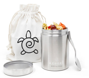Ecozoi - Eco-friendly, Vacuum-insulated 17 oz stainless steel food jar with leak-proof lid, spork & canvas lunch bag