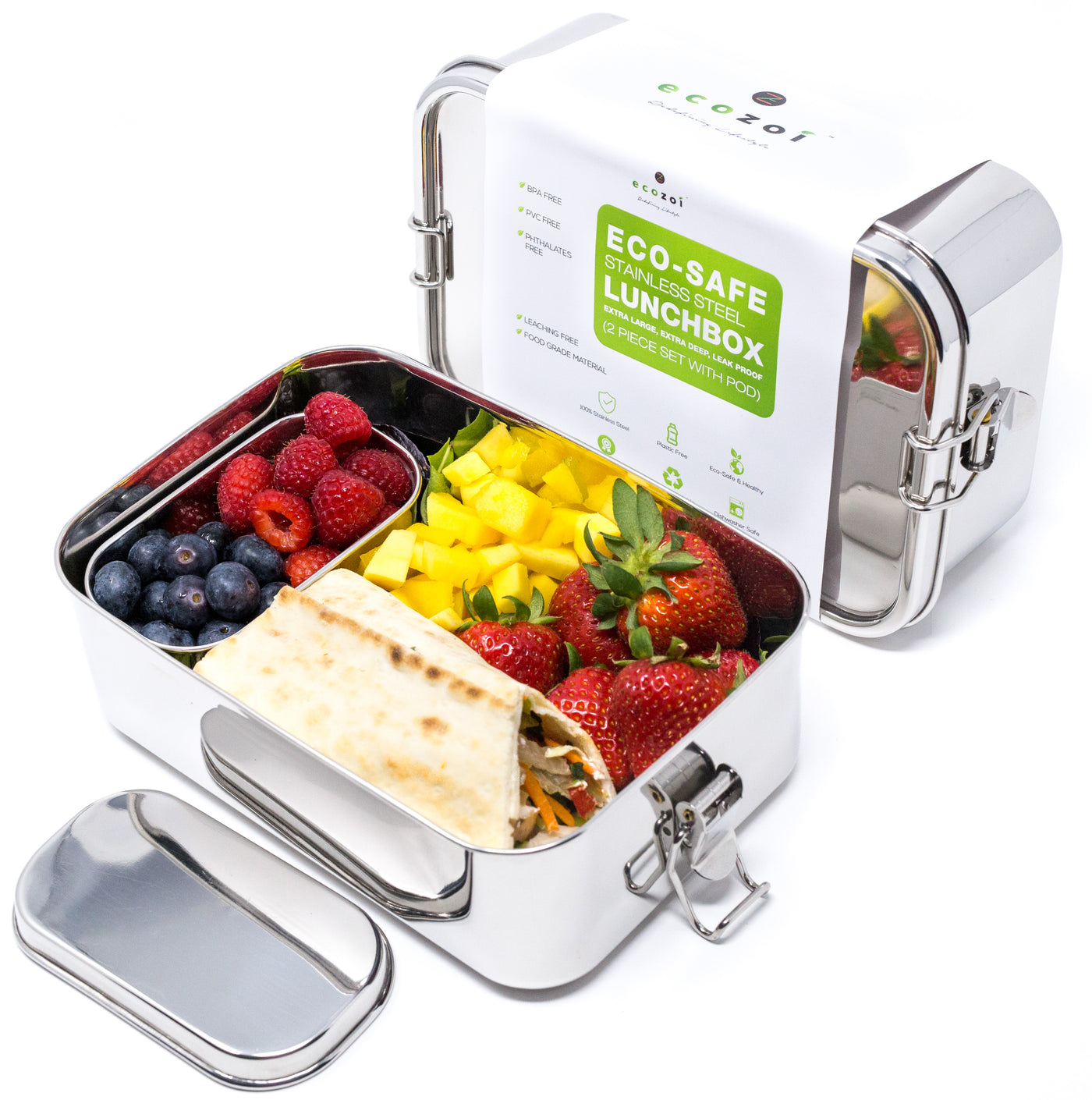 Stainless Steel Eco Lunch Box, Leak Proof, 1 Tier with 1 Mini Sauce Container, XL 70 Oz or 2100 ml freeshipping - ecozoi