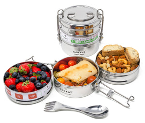 Ecozoi - Eco-friendly, stackable, 3 Tier stainless steel leak-proof lunch box, 40 oz, red silicone seals, nested spork.