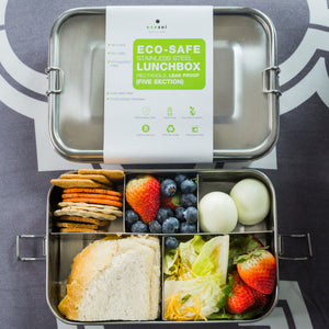 Ecozoi - Eco-friendly, 5-compartment stainless steel leak-proof lunch box, red silicone seal, 50 oz, dishwasher safe.