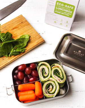 Ecozoi - Eco-friendly, 3-compartment stainless steel leak-proof lunch box, red silicone seal, 24 oz, dishwasher safe.
