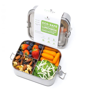 Ecozoi - Eco-friendly, 3-compartment stainless steel leak-proof lunch box, red silicone seal, 24 oz, dishwasher safe.