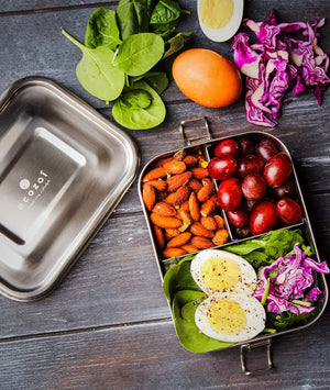 Ecozoi - Eco-friendly, 3-compartment stainless steel leak-proof lunch box, red silicone seal, 24 oz, dishwasher safe.