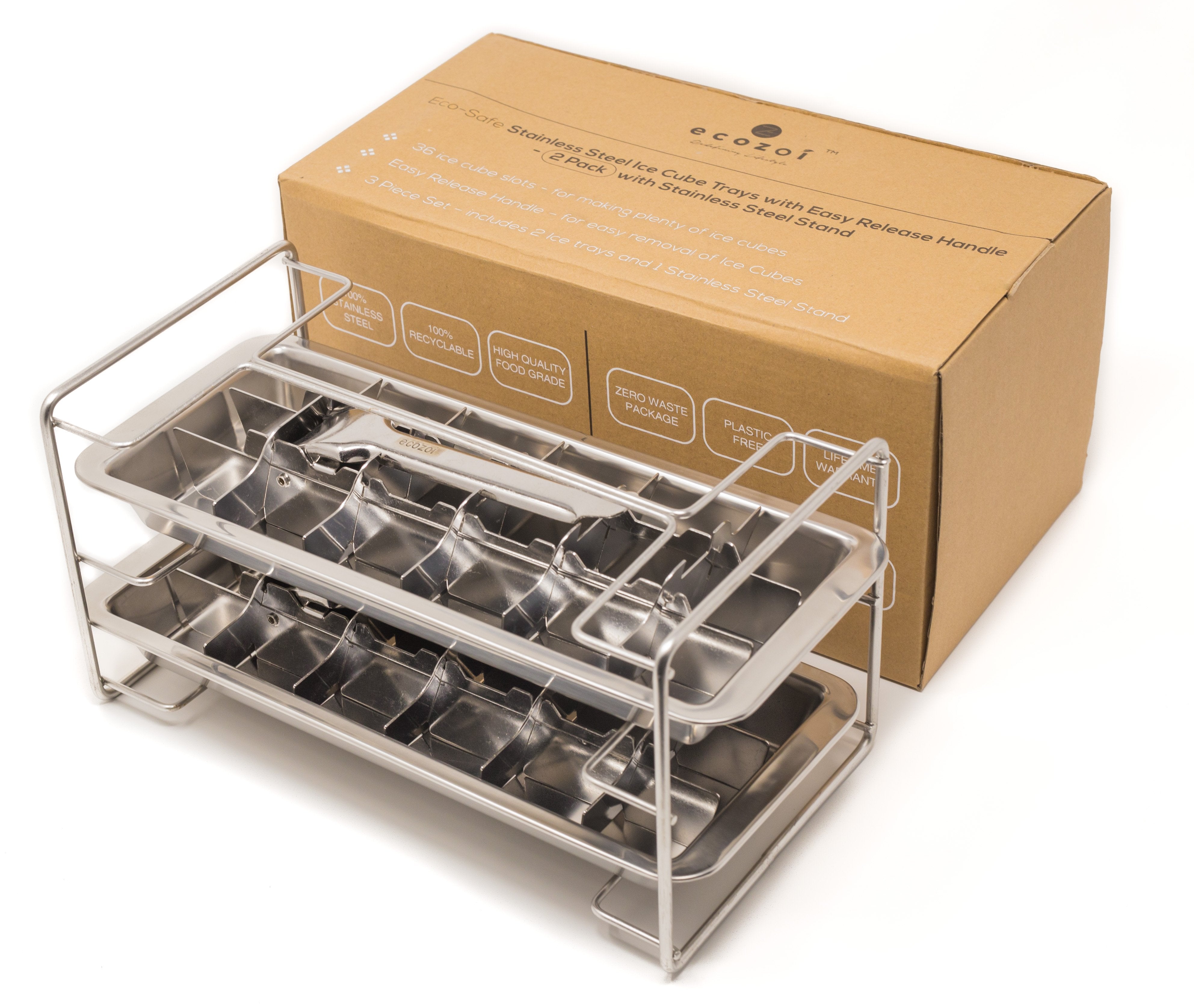 This Stainless Steel Ice Cube Tray with a lever handle is a durable non  plastic product. Just fill, freeze, and pull the lever to cleanly cut your  ice cubes.