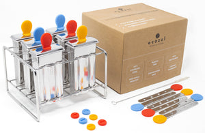 Ecozoi - Eco-friendly, Set of 6 Square Stainless Steel Popsicle Molds, 6 Reusable Stainless Steel sticks, 6 silicone lids