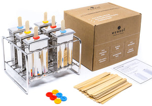 Ecozoi - Eco-friendly, set of 6 square stainless steel popsicle molds, 30 reusable bamboo sticks, BPA-free, 12 silicone seals