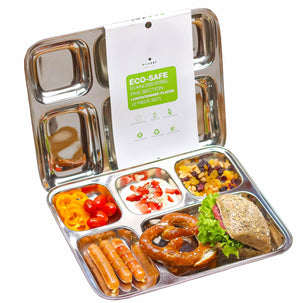 Ecozoi - Eco-friendly, 2 Pack stainless-steel dinner plates with 5 divided compartments each, reusable, Dishwasher-safe