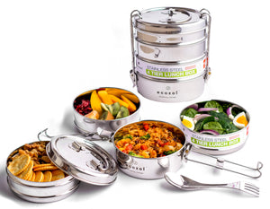 Ecozoi - Eco-friendly, stackable, 4 Tier round stainless steel leak-proof lunch box, 60 oz, red silicone seals, steel spork.