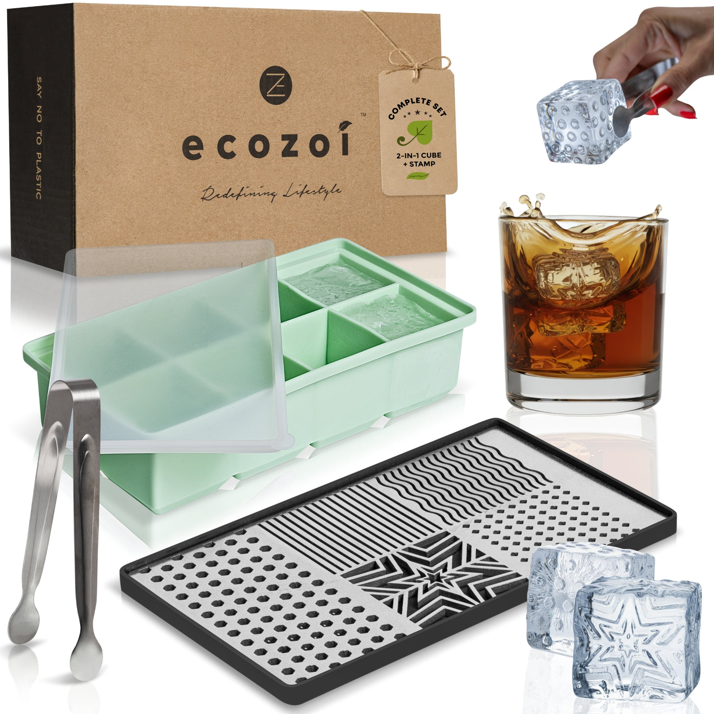 Stainless Steel Ice Cube Design Stamp Tray, with 8 Silicone Ice Cube Tray and Tongs