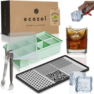 Stainless Steel Ice Cube Design Stamp Tray, with 8 Silicone Ice Cube Tray and Tongs