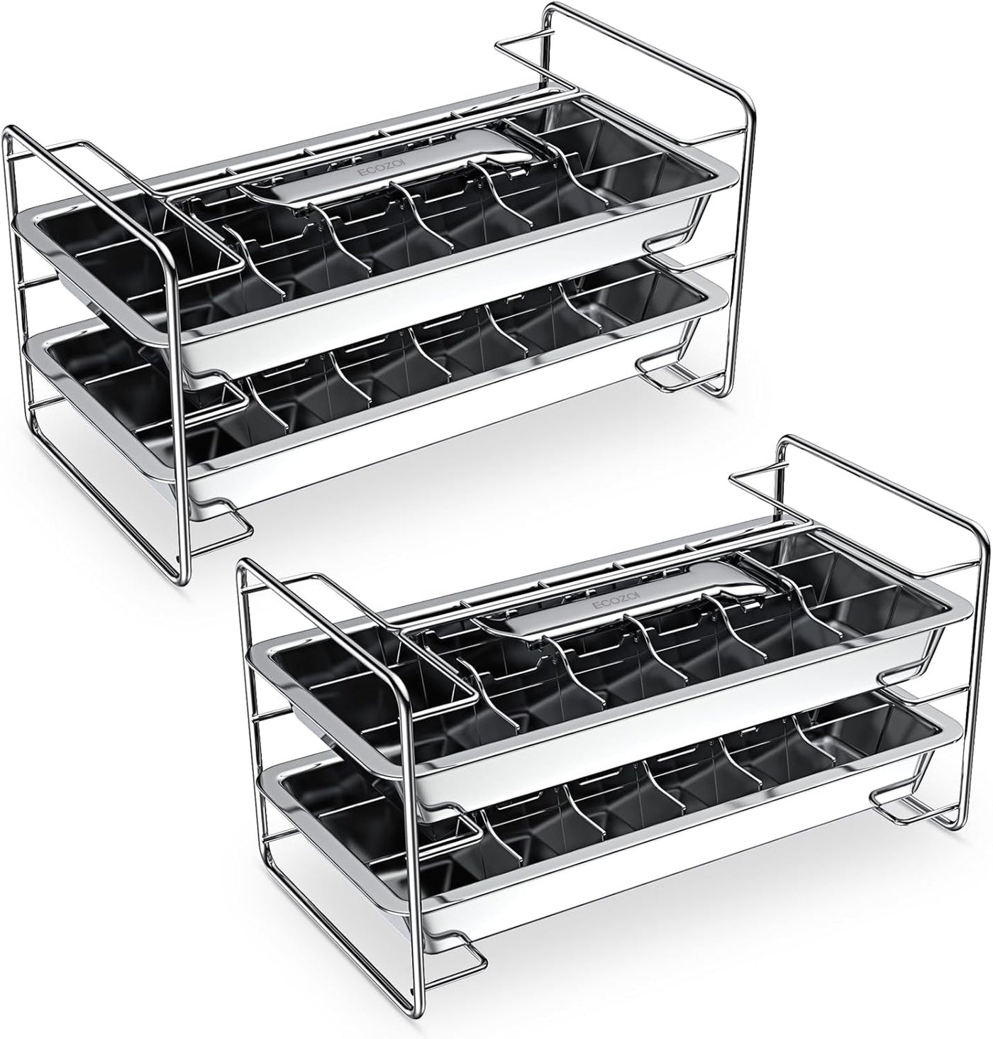 Stainless Steel Ice Cube Trays with Easy Release Handle, 4 Pack with Racks
