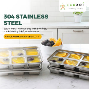 Stainless Steel Ice Cube Trays, with Lids, 4 Pack, 24 Large Ice Cubes - Ecozoi