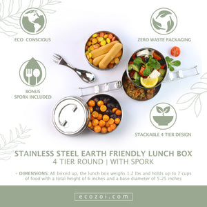 Ecozoi - Eco-friendly, stackable, 4 Tier round stainless steel leak-proof lunch box, 60 oz, red silicone seals, steel spork.