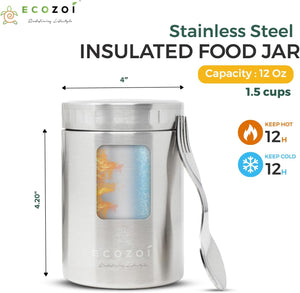 Ecozoi Stainless Steel Thermos Food Jar, Insulated Container with Spork and Lunch Bag, 12 oz