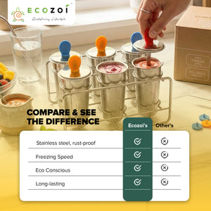 Ecozoi Stainless Steel Ice Pop Molds and Rack, Ice Cream Molds and Rounds with Reusable Stainless Steel Sticks