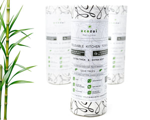 Ecozoi - Eco-friendly, 4 rolls of reusable bamboo kitchen towels with black leaf-style print, tree-free & washable