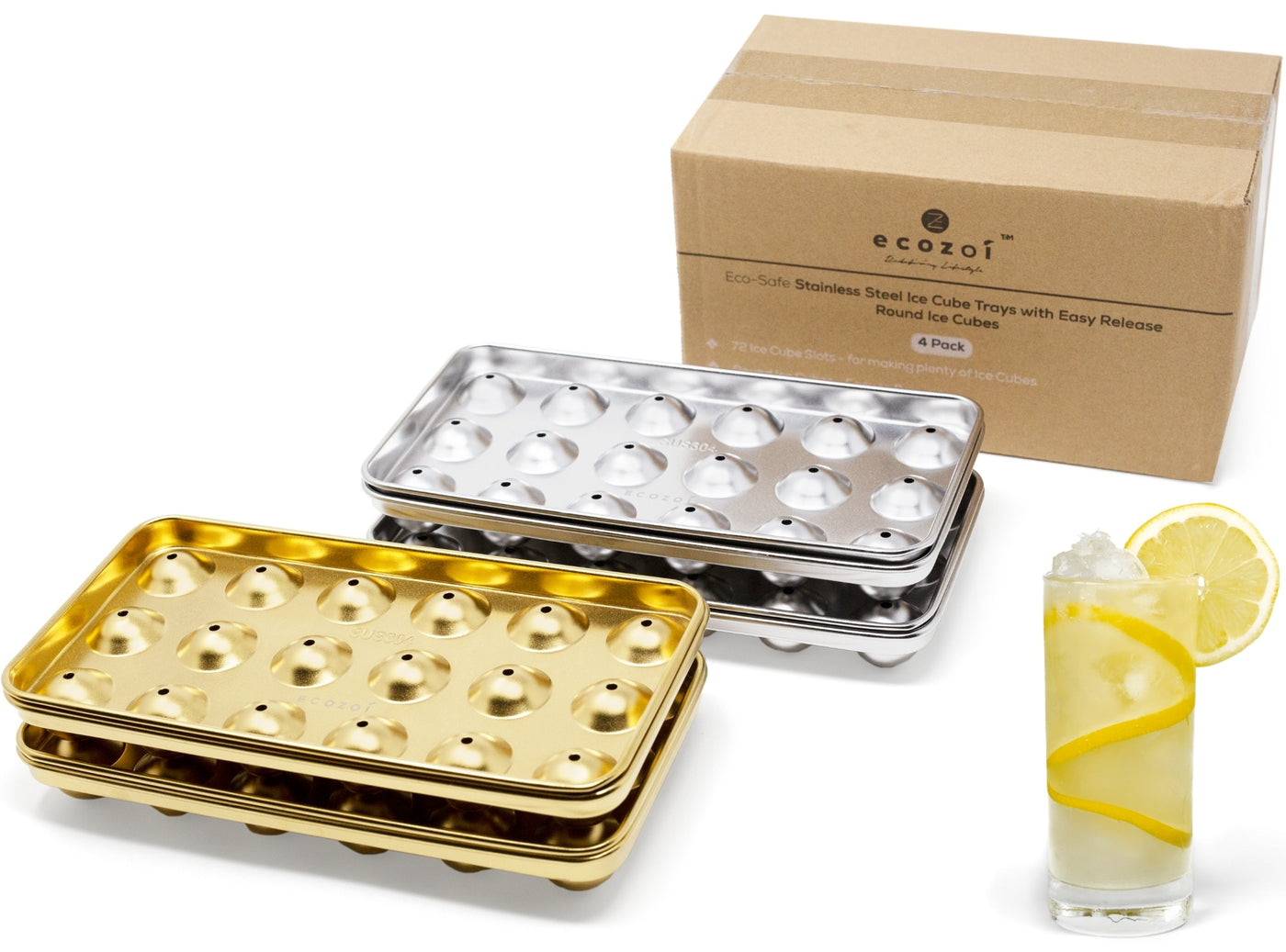 Stainless Steel Ice Cube Trays - 4 Pack, 72 Small Round Ice Cubes