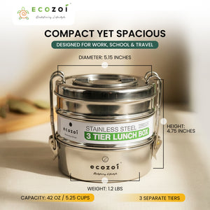 Ecozoi Stainless Steel Lunch Box for School and Office, 3 Tier Round with Spork, Leakproof, 40 Oz