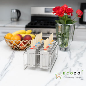 Ecozoi Stainless Steel Popsicle Molds, 14 Piece Set with Standing Rack, 50 Bamboo Sticks, 28 Silicone Seals, Cleaning Brush, 3 Ounce